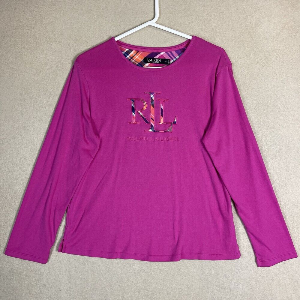 Ralph Lauren Top‎ Womens Extra Large Pink Black Label Long Sleeve Logo Casual